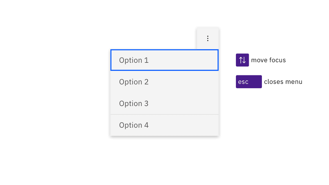 illustration showing an open menu with the focus on the first item, and the arrow and Esc keys called out illustration showing an open menu with the focus on the first item, and the arrow and Esc keys called out